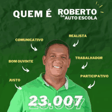 a poster for roberto da auto escola has a man in a green shirt on it