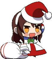 a cartoon girl wearing a santa hat and holding a bag