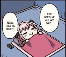 a cartoon of a girl laying in bed with a speech bubble saying " now time to sleep "