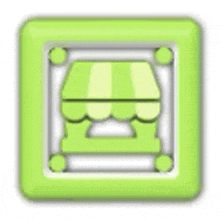 a green square icon with a striped awning on a white background .