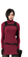 a woman in a red sweater is holding a gun in her right hand