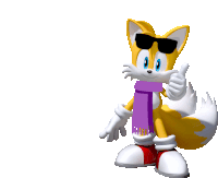 a cartoon fox wearing sunglasses and a purple scarf gives a thumbs up