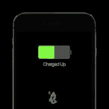 a cell phone with a green battery that says charged up on it .