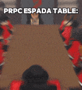 a group of people sitting around a table with the words " prpc espada table "