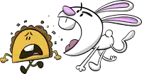 a cartoon of a taco and a rabbit fighting