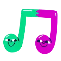 a green and purple music note with a face on them