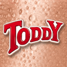 the toddy logo is on a brown background with bubbles .