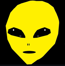 a yellow alien head with black eyes and a white mouth