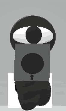 a black cartoon character with white eyes is sitting on a white cube