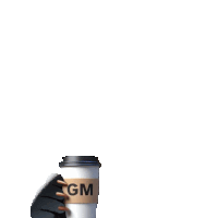 a hand is holding a cup of coffee with the letters gm on the sleeve