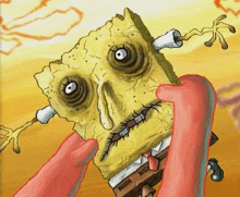 a cartoon drawing of a spongebob squarepants character with stitches in his face