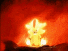 a cartoon character is standing in a fire .