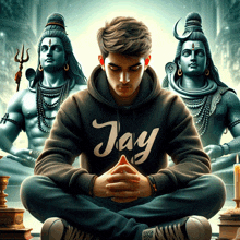 a man in a jay hoodie sits in a lotus position in front of two shiva statues