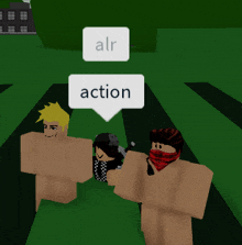 a group of naked cartoon characters with a speech bubble that says " alr action "