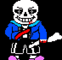 a pixel art of a skeleton with blood coming out of his mouth .