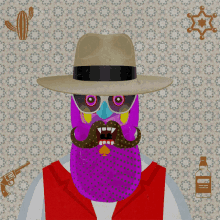 an illustration of a cowboy with a purple face