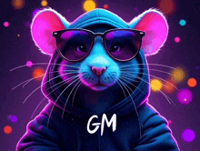 a mouse wearing sunglasses and a hoodie with the word gm written on it