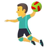 a man in a blue shirt and black shorts is jumping to catch a green ball