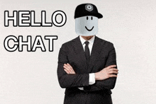 a man in a suit and tie is standing with his arms crossed and a roblox character on his head .