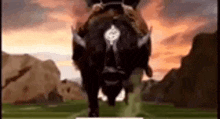 a person is riding on the back of a black buffalo in a video game .