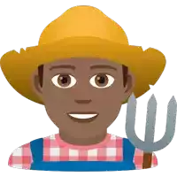 a man wearing overalls and a straw hat holds a fork