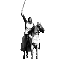 a black and white photo of a knight riding a horse