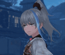 a girl with gray hair and a blue ponytail looks angry