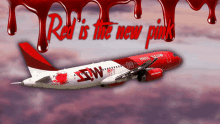 a red and white airplane with the words red is the new pink on the bottom