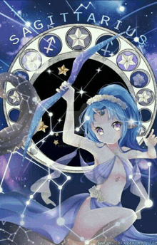 a girl with blue hair and a bow and arrow is a sagittarius sign