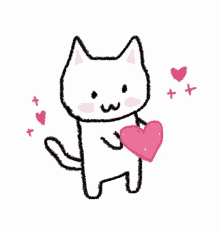 a drawing of a cat holding a pink heart with hearts surrounding it