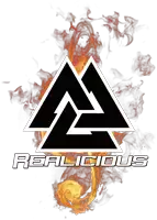 a logo for a company called realicious with smoke behind it