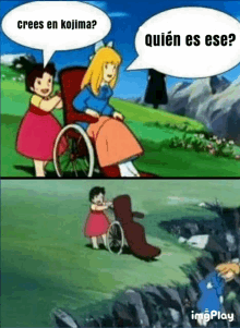 a cartoon of a woman in a wheelchair talking to a little girl .