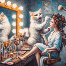 a painting of a cat applying makeup to a woman with curlers