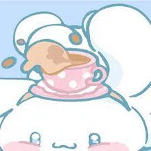 cinnamoroll is wearing a pink polka dot hat and holding a cup of tea .