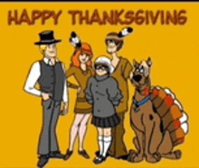 a group of scooby doo characters standing next to each other on a yellow background with the words happy thanksgiving