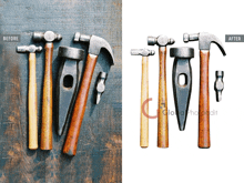 a before and after photo of hammers on a wooden wall