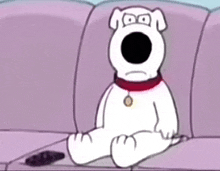 a cartoon dog is sitting on a couch with a remote control .