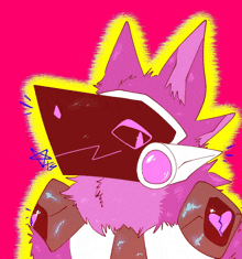 a drawing of a purple furry animal with a heart in its paws on a pink background