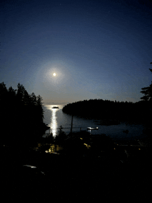 a full moon shines over a body of water at night