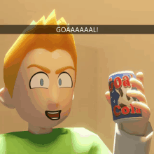 a cartoon character holds a can of goa cola