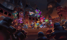 a group of cartoon characters are gathered in front of a castle