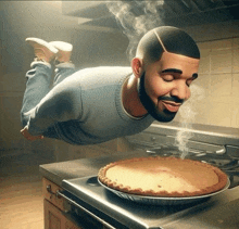 a cartoon of a man flying over a pie on a stove