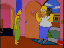 a cartoon of homer simpson talking to a woman