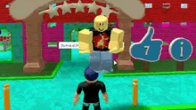 a boy is standing in front of a building in a video game .