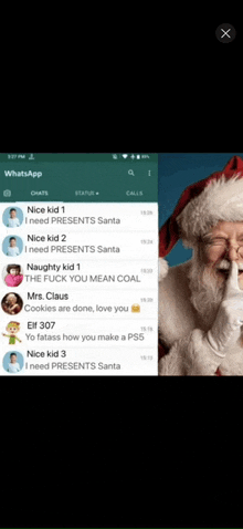 a screenshot of santa claus on a phone that says ' i need presents santa ' on it