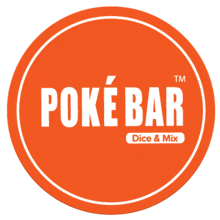 a logo for poke bar dice & mix in an orange circle