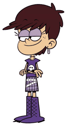 luna from the loud house is wearing a purple plaid skirt and purple boots .