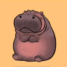 a cartoon hippo is sitting with his arms crossed on a yellow background