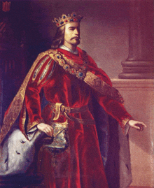 a painting of a king with a crown and a red robe