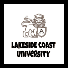 a logo for lakeside coast university with a lion wearing a graduation cap